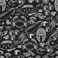 無料ベクター 魚のカラマリロブスターカニ寿司エビエビムール貝サーモンステーキとハーブの白い線画と黒のシーフードと魚の黒板のシームレスな背景パターン