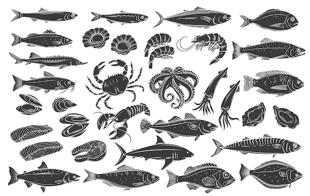 Набор иконок глифов из морепродуктов и рыбы. монохромная сельдь, кальмары, осьминоги, лосось, устрицы палтуса и гребешки. гравированная рыба, лещ, скумбрия, тунец или стерлядь, сом, треска и палтус, омар, краб