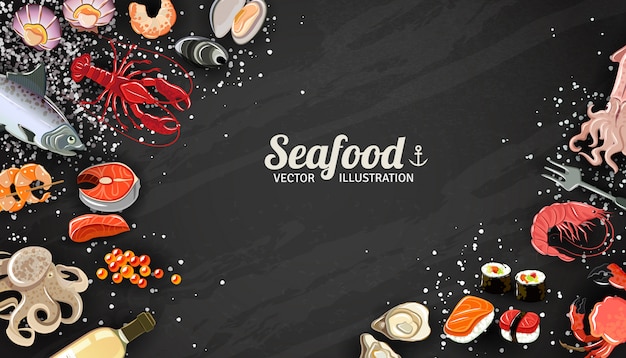 Seafood background with fish prawns and sushi delicacy illustration