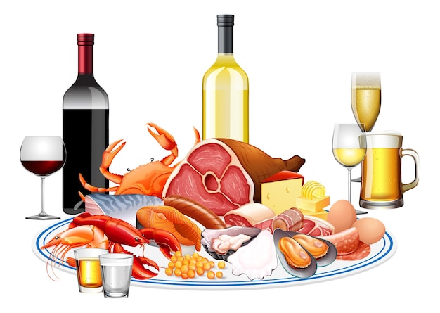 Free vector seafood and beverage wines set