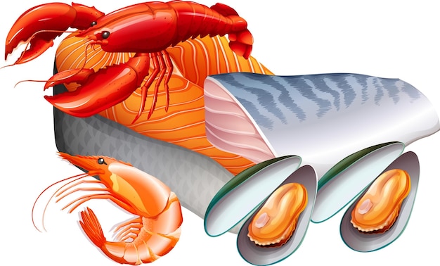 Seafood cartoon set on white background