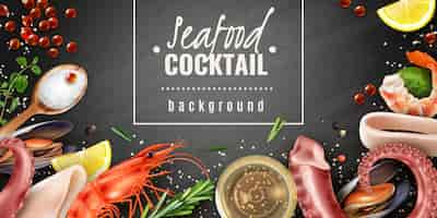 Free vector seafood cocktail mix realistic chalkboard  poster with shrimps mussels squid octopus tentacles sea salt