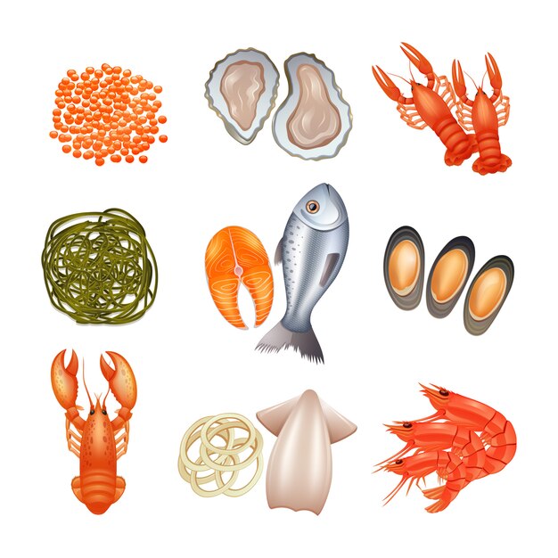 Seafood decorative icons set with caviar lobster fish seaweed 