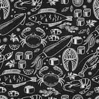 Free vector seafood and fish chalkboard seamless background pattern on black with white line drawings of fish  calamari  lobster  crab  sushi  shrimp  prawn  mussel  salmon steak and herbs