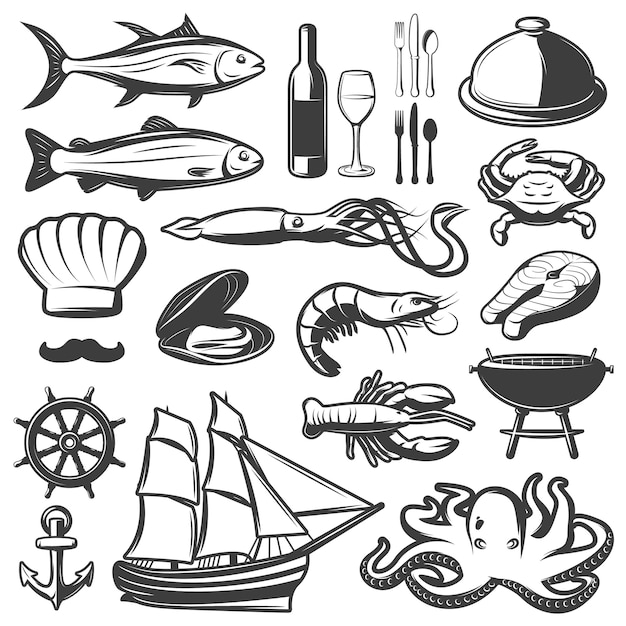 Набор иконок из морепродуктов с рыбой и вином, которые готовятся в ресторане