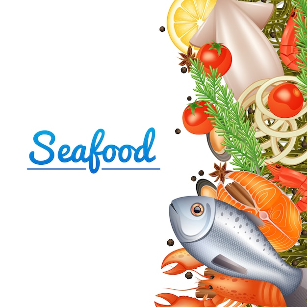Seafood menu background with fish steak lobster and spices 