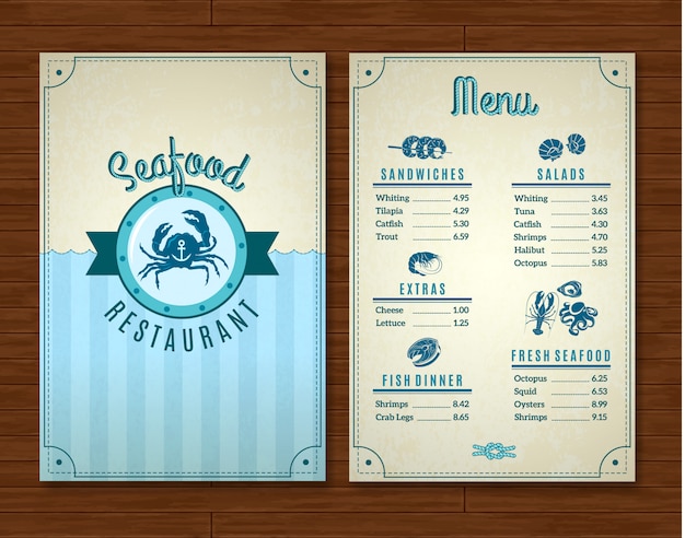 Modello di menu ristorante di pesce con simboli dell'oceano