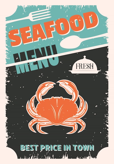 Free vector seafood retro style menu with red crab on black worn cutlery and platter