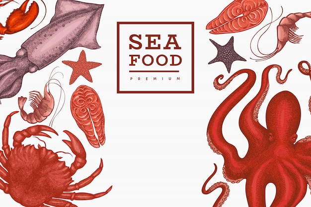 Шаблон морепродуктов. ручной обращается иллюстрации из морепродуктов. выгравированный стиль еды. ретро морские животные фон