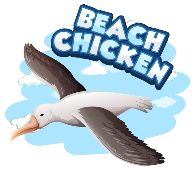 Free vector seagull bird cartoon character with beach chicken font banner isolated