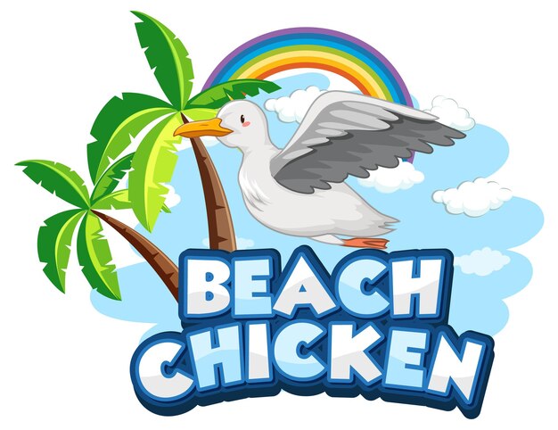 Seagull bird cartoon character with Beach Chicken font banner isolated