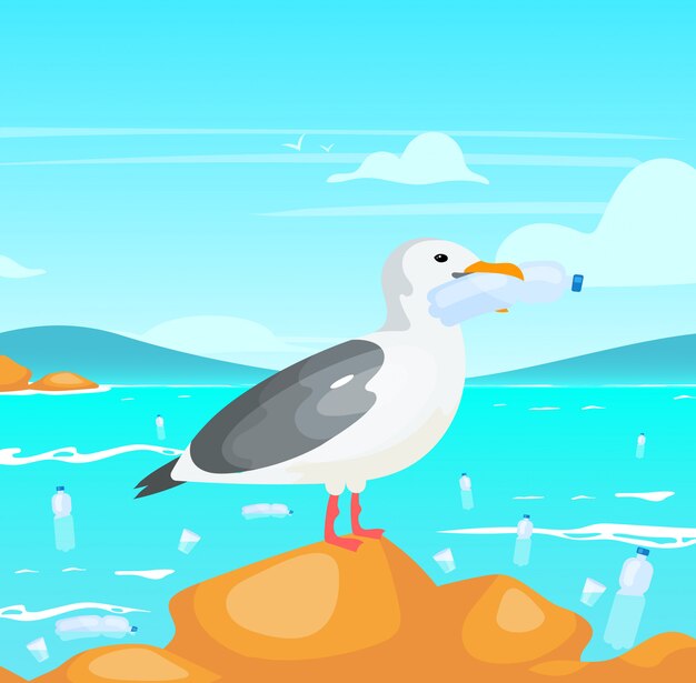 ペットボトルのイラストとカモメ 自然のダメージ 生態学的大災害 海洋問題におけるプラスチック汚染 くちばし使い捨て容器の漫画のキャラクターを保持している鳥 プレミアムベクター