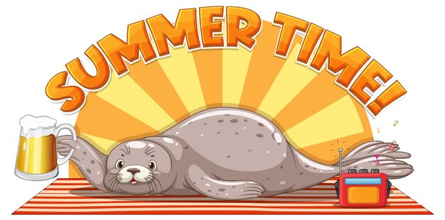 seal cartoon character with summer time word