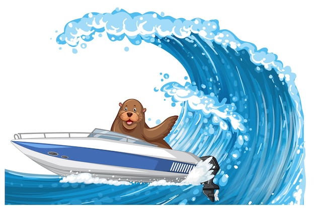 A seal in speed boat in cartoon style