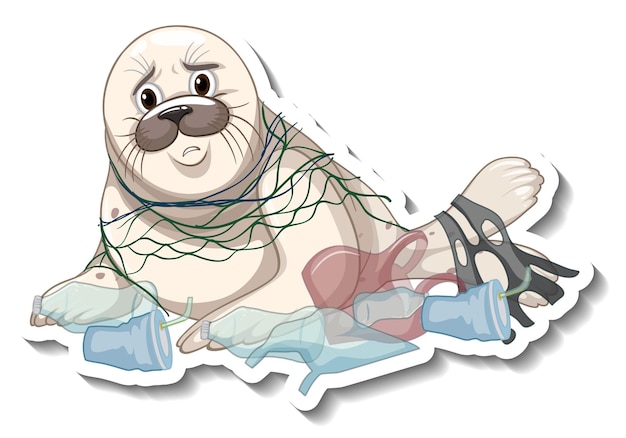 Seal stuck with plastic waste on white background