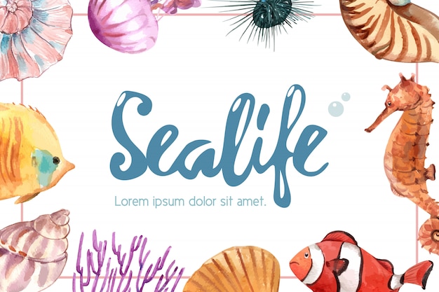 Рамка sealife тематическая с концепцией морского животного, творческой иллюстрацией акварели. Бесплатные векторы