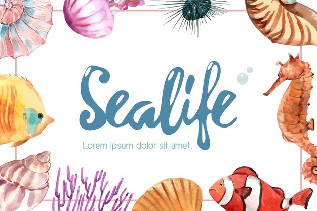 Sealife themed frame with sea animal concept, creative watercolor illustration.