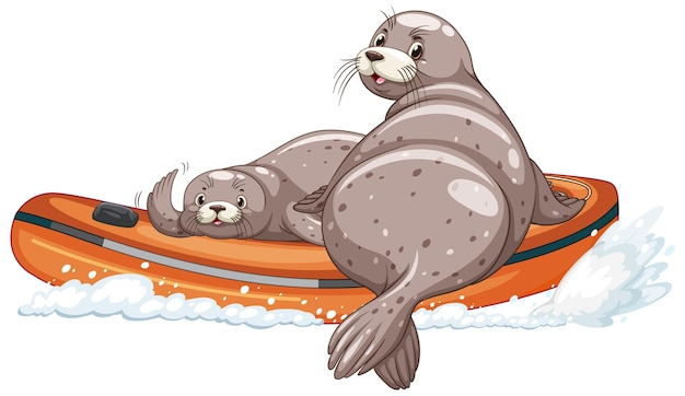 Seals on inflatable boat in cartoon style