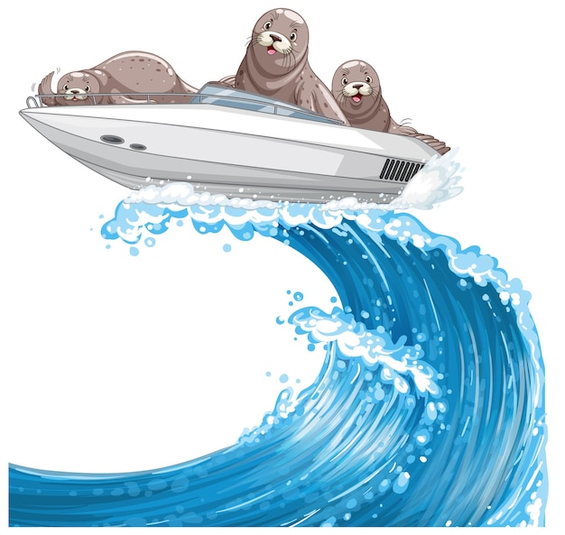 Seals on speed boat in cartoon style