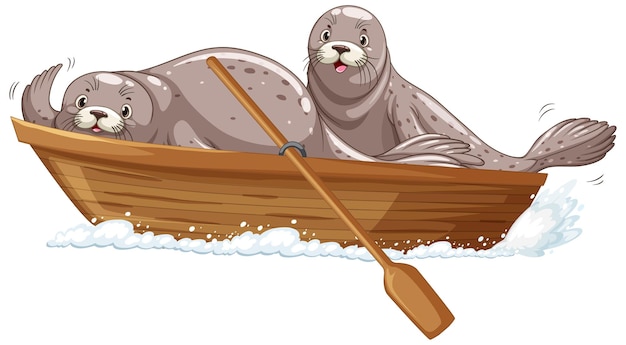 Free vector seals on wooden boat in cartoon style