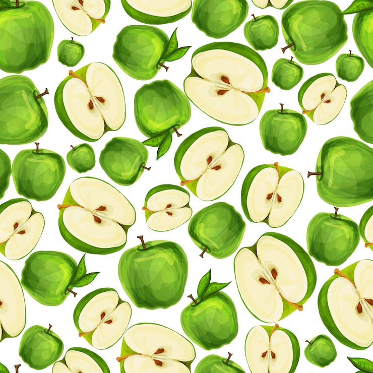 Free Vector seamless apple fruit sliced in half with seed and leaves pattern hand drawn sketch vector illustration
