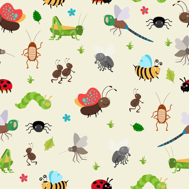 Free vector seamless background bugs and beetles, ant and caterpillar, grasshopper.