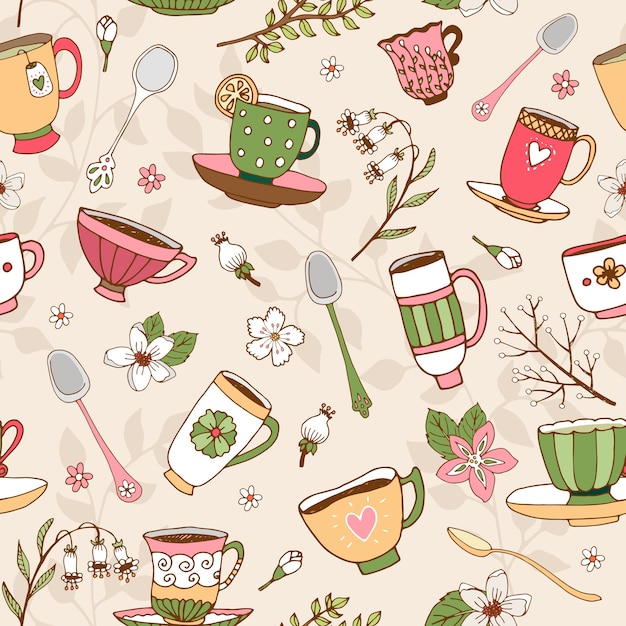 Seamless background of dainty hand-drawn tea cups