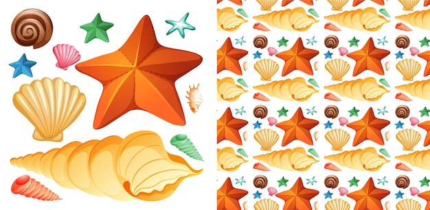 Free vector seamless background design with isolated set of seashells and starfish