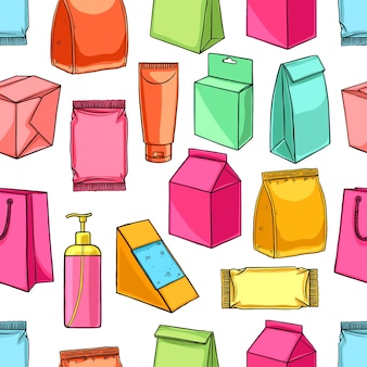 Seamless background of different packaging. hand-drawn illustration