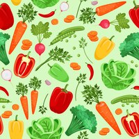 Seamless background  of vegetables radishes, peppers, cabbage, carrots, broccoli and peas.  vector illustration