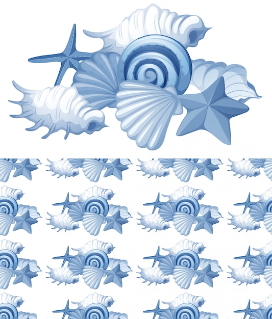 Seamless background with seashells in blue