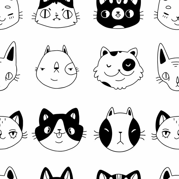 漫画のキャラクターの黒猫のシームレスなパターン背景 プレミアムベクター