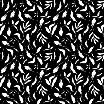 Seamless botanical pattern in scandinavian style. white flowers and leaves on a black background. minimalistic and modern design. vector illustration