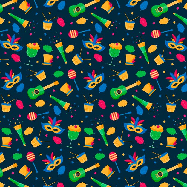 Seamless brazilian carnival pattern with masks and guitars