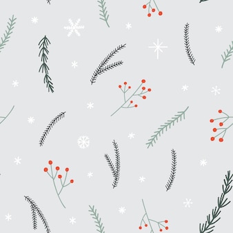松​の​枝​、​雪片​、​赤い​果実​の​小​枝​と​の​シームレス​な​クリスマス​の​パターン​。