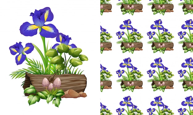 Free vector seamless design with iris flowers and log