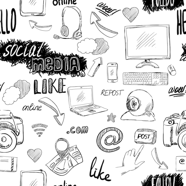 Seamless doodle blog social media applications pattern background