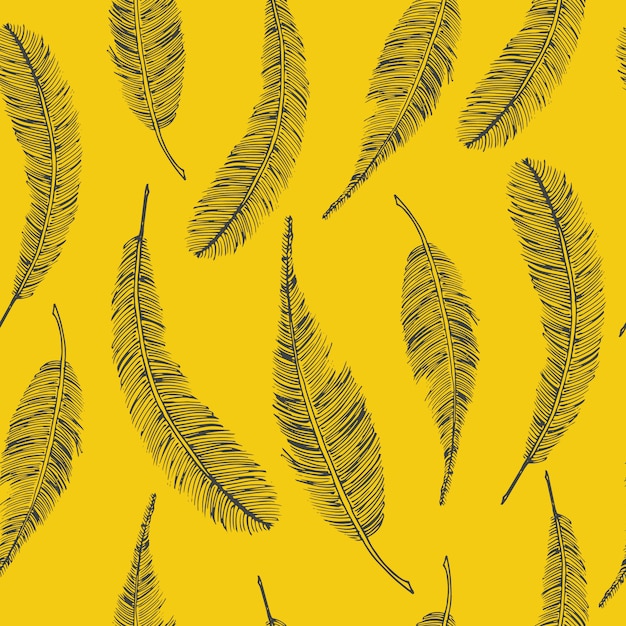 Seamless ethnic pattern with feathers on yellow