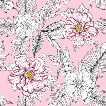 シームレスパターン赤ハイビスカスとプルメリアの花抽象 ベクトルイラスト手描き プレミアムベクター シームレスパターン赤ハイビスカスとプルメリアの花抽象 ベクトルイラスト手描き プレミアムベクター