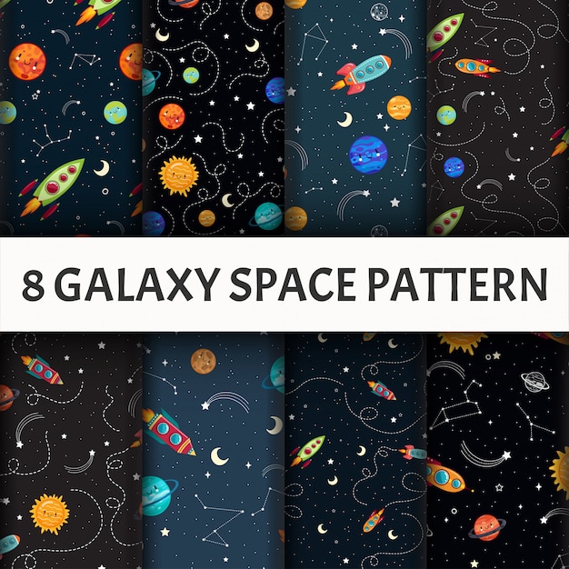 Free vector seamless galaxy pattern set.