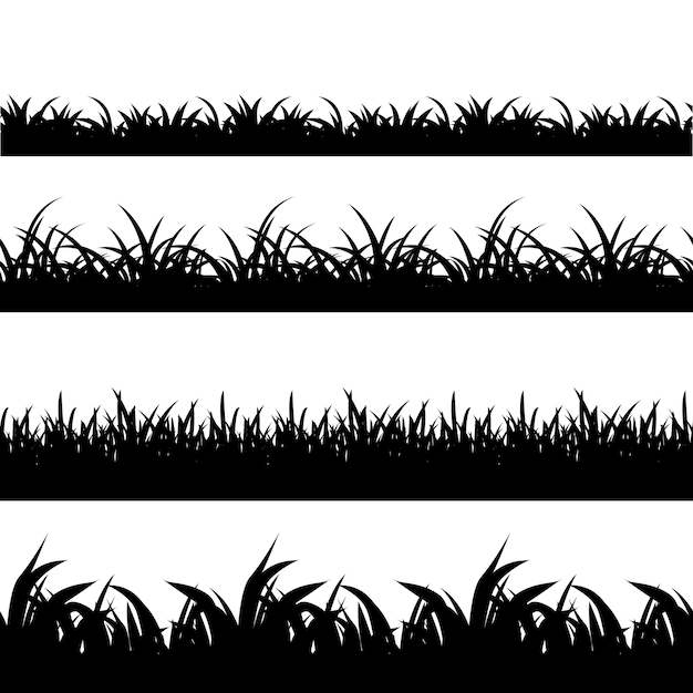 Бесшовные трава черный силуэт вектор набор. Пейзаж природа, растения и поле монохромная иллюстрация