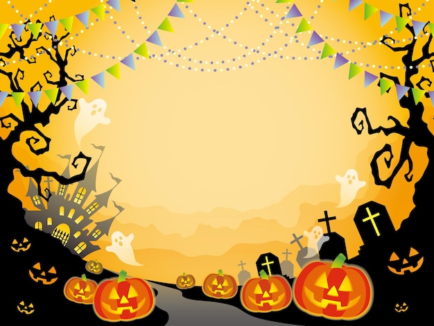 Illustrazione di sfondo vettoriale di halloween felice senza soluzione di continuità con lo spazio del testo, ripetibile orizzontalmente.