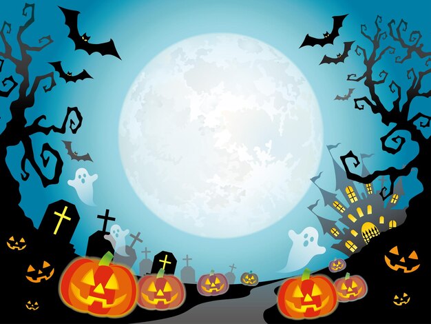 Бесшовные Happy Halloween VectorLandscape с полной луной. Горизонтально повторяемый.