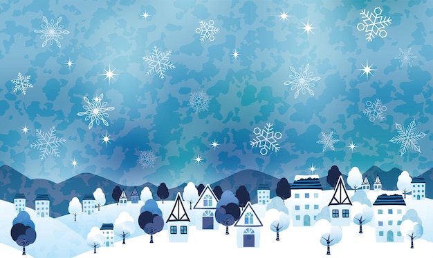 Seamless hilly winter landscape vector illustration with a peaceful village and text space. horizontally repeatable.