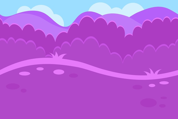 Seamless landscape of grassy road, bushes and hills in purple for game, vector illustration