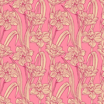 シームレスな水仙の花の手描きのパターン 夏の花 プレミアムベクター シームレスな水仙の花の手描きのパターン 夏の花 プレミアムベクター