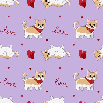 柴犬​と​ハート​の​シームレス​な​パッテン​包装紙​の​背景​ハッピー​バレンタインデー