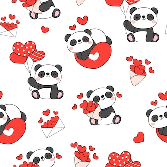 ハートの愛の概念を持つシームレスなパターンの赤ちゃんパンダのバレンタイン