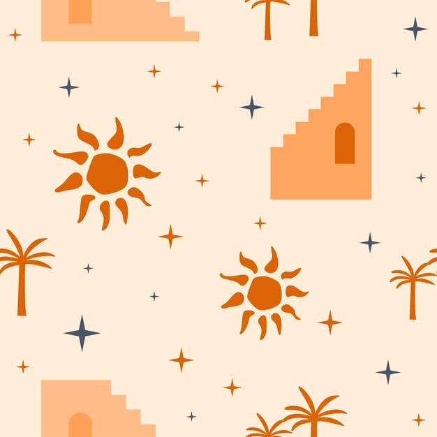 원활한 패턴 배경입니다. 디자인 포장지, 벽지, 직물, 아이 클로즈 섬유 등을 위한 화창한 여름 패턴 프리미엄 벡터