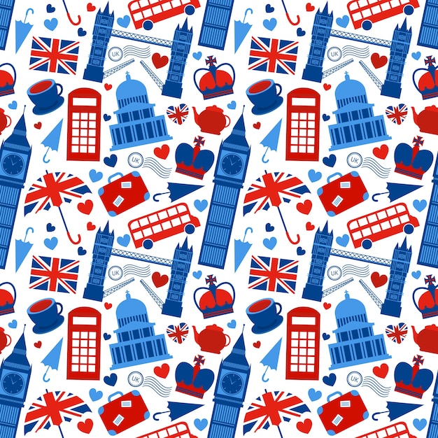 Vettore gratuito seamless pattern di sfondo con i punti di riferimento di londra e la gran bretagna simboli illustrazione vettoriale